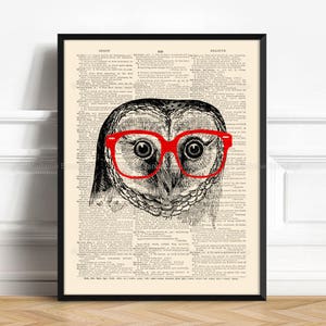 Decoración de pared de búho sabio, cartel de regalo para niño adolescente, cartel de búho genial, impresión de dormitorio universitario, gafas geek, búho geek, búho con impresión de guardería, arte de pared 350