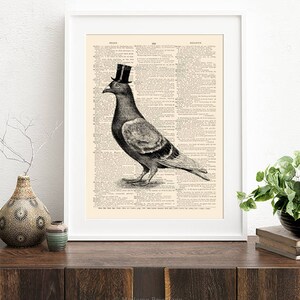 Pode incluir: Uma ilustra&ccedil;&atilde;o em preto e branco de um pombo usando um chap&eacute;u-coco, impressa em uma p&aacute;gina de dicion&aacute;rio vintage. A p&aacute;gina est&aacute; emoldurada em uma moldura branca e a imagem &eacute; exibida em uma prateleira de madeira.