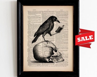 Skull with Raven Edgar Allan Poe Raven Nevermore Book Reading Crow Black Bird Gothic Poster Gift for Book Lover Gift for Goth Halloween 542