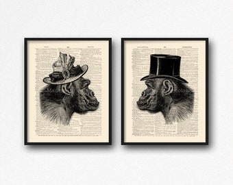 Gorilla, Print Set Gift, Ape, Mr And Mrs Art Gift, Wedding Gift, Gift Pack For Him, Love Poster Gift, Top Hat Wall Decor S33