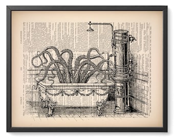 ARTE DE BAÑO Pulpo en baño victoriano Impresión de arte de pared Decoración de pared de baño en una página de diccionario vintage Arte Divertido Impresión de arte de baño 078
