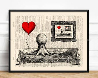 Octopus on Sofa, Unique Gift, Gay Couples, 1st Year Anniversary, Nursery Print Heart, Teenager Gift, Entryway Poster, Guest Room Decor 405