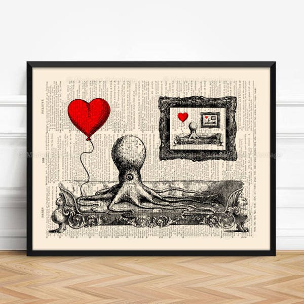 Octopus on Sofa, Unique Gift, Gay Couples, 1st Year Anniversary, Nursery Print Heart, Teenager Gift, Entryway Poster, Guest Room Decor 405