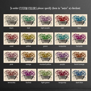 May include: A chart of 20 different color options for a printable art print featuring an octopus in a bathtub. The colors include black, teal, light purple, red, blue, coral, yellow, green, turquoise, hot pink, pink, orange, mustard yellow, purple, burnt orange, terracotta, fuchsia, light green, burgundy, and dark blue.