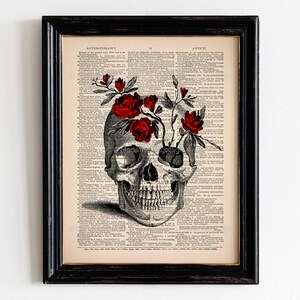 Dödskalleblommor, äkta dödskalledekor, systerpresent, studenthemstryck, röd rosdekor, julklapp till fru, rustikt badrum, vintagekonsttryck 429 bild 2