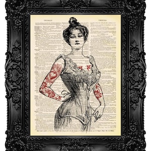 May include: A vintage style illustration of a woman with a corset and tattoos on her arms. The image is printed on a page from an old dictionary with the word "Twilight" visible. The background is black and white.