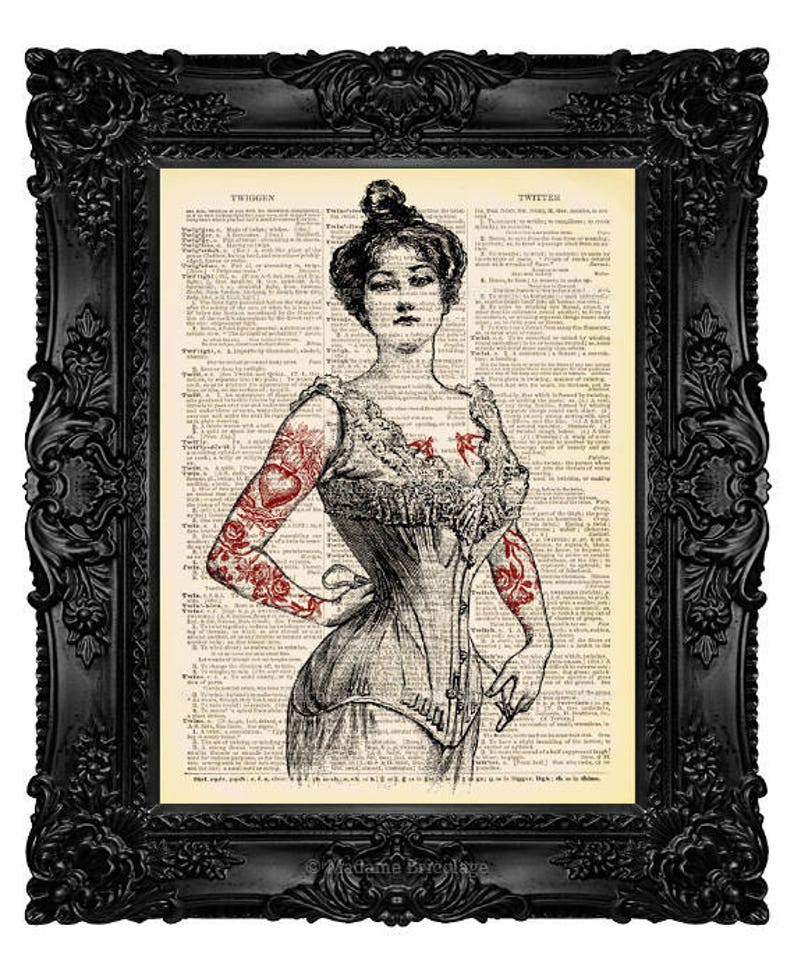 May include: A vintage style illustration of a woman with a corset and tattoos on her arms. The image is printed on a page from an old dictionary with the word "Twilight" visible. The background is black and white.