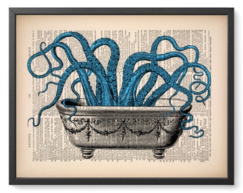 Pulpo en la bañera, arte divertido de Kraken, decoraciones de dormitorios, baño de tentáculos, regalo de Navidad para esposa, pulpo genial, póster de vida marina, hogar vintage 521
