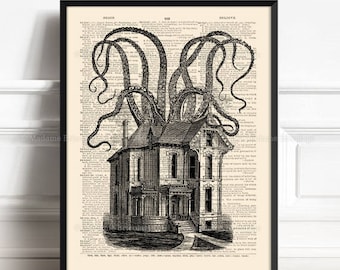 Kraken Octopus Print, Cute Gifts Boyfriend, Haunted House Decor, Mystery Art Print, Tentacles Print Gift, Funny Dorm Print, Horror Home  509