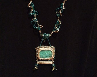 Hand Beaded Turquoise and Silver Necklace