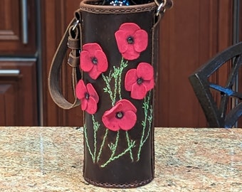 Leather Wine Tote - Poppies