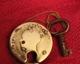 Lovey 1854 2 coin working padlock. Groat 4 pence with cute key