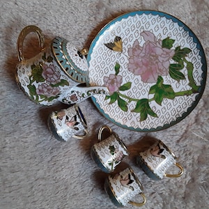 Cloissonne miniature tea set on tray . One of the handles on one of the cups has come off so the price is reduced