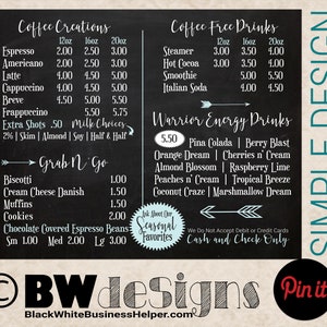 Letrero de menú personalizado económico Diseño profesional y opciones de impresión Diseño de menú de pizarra moderno Precios de bebidas Menú simple Letrero de cafetería