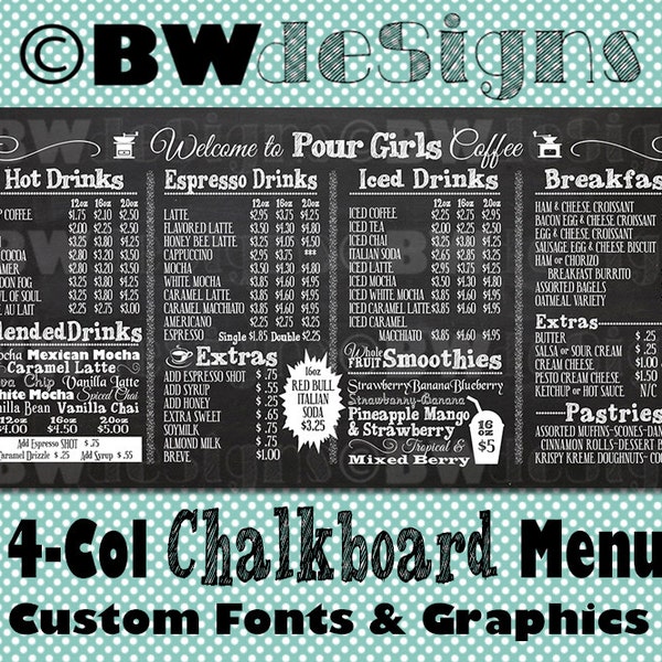 4 Column Restaurant Menu- Large HORIZONTAL Menu Board- Small Restaurant Menu- Food & Drink Pricing- Outdoor Cafe Signage- Food Truck