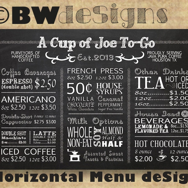 Custom HORIZONTAL MENU Board- Coffee Shop Sign- Restaurant Menu- Food & Drink Pricing- Cafe Sign- Juice Bar Sign- Food Truck- Espresso Bar