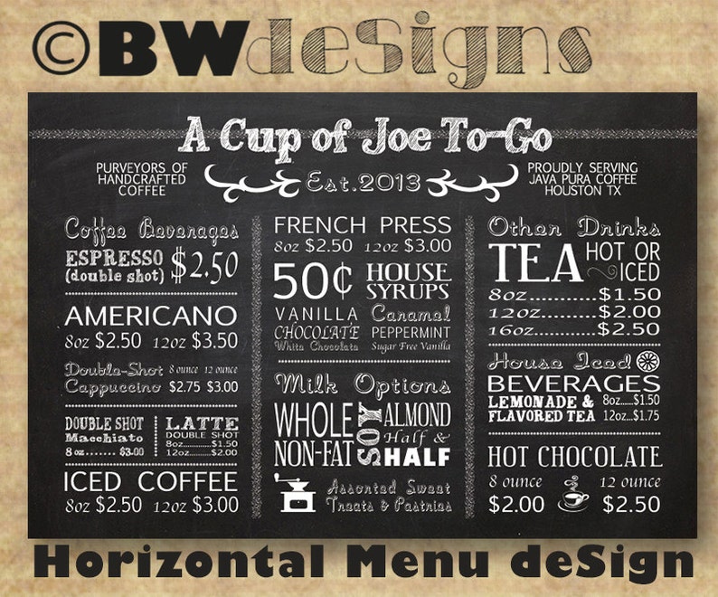 Custom HORIZONTAL MENU Board Coffee Shop Sign Restaurant image 0.