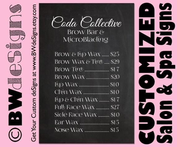 Custom Brow Bar Sign Wax Pricing Microblading Price Service Etsy