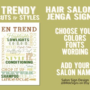 Trendige Schnitte Jenga HAIR SALON Schild | Friseur Zeichen | Salon Dekor | Salon-Services-Zeichen | Bestellen Sie benutzerdefinierte Schilderdesignfarben, Schriftarten und Wörter