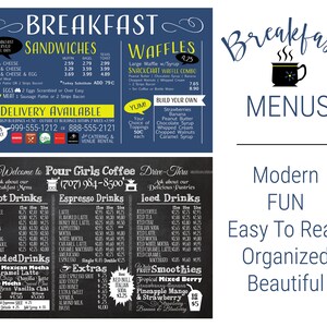 Placa de menu de café da manhã, café, lanchonete, caminhão, cidade natal, restaurante, menu especializado - design de qualquer tamanho, escolha de 1 a 6 painéis