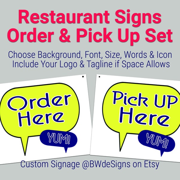 Order Here/Pick-up Here Sign Set-  Signs for Restaurant, Food Truck, Coffee Shop, Cafe, Diner, Ice Cream Shop, Juice Bar, Smoothie Bar, etc