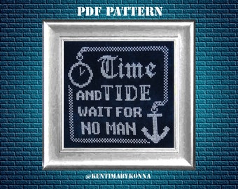 Time and Tide - Cross Stitch Pattern PDF - nautical counted cross stitch chart - nautical quote x stitch pattern - KbK-112