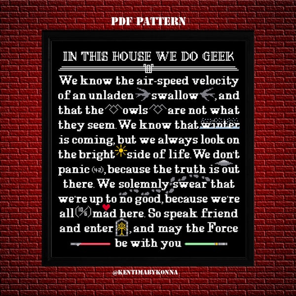 Geek House - Cross Stitch Pattern PDF - In This House We Do Geek - geeky nerdy funny counted chart - quotes embroidery pattern - KbK-057