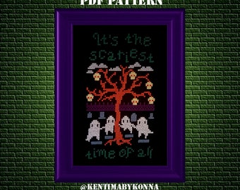 Scary Halloween Cross Stitch Pattern PDF - Scariest time of the year - creepy counted x stitch chart - cemetery, ghosts pattern - KbK-114