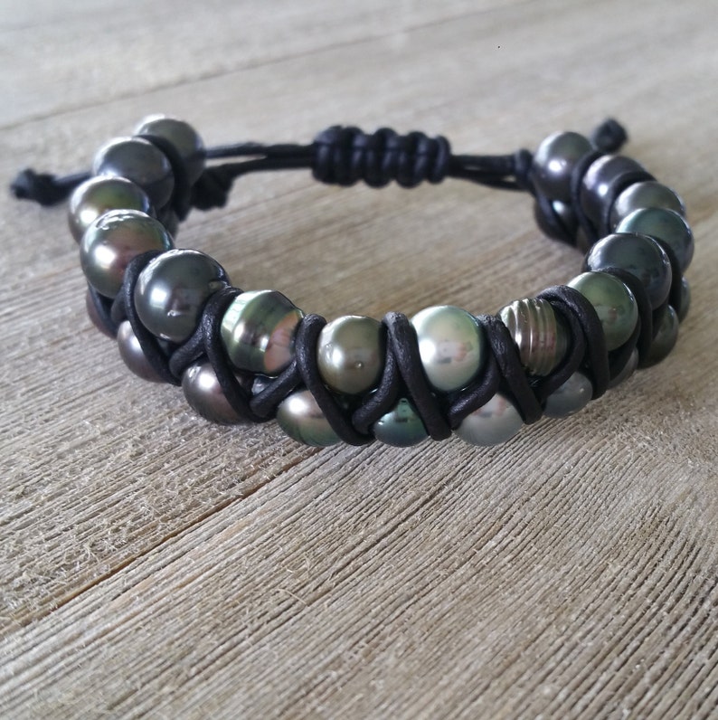 Tahitian Pearl Black Leather Adjustable Bracelet | Etsy