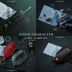 May include: Four different leather keychains with gold lettering. The keychains are green, red, camouflage, and brown. The lettering on the keychains reads "Wang Cong", "Ching", "Nick", and "Feng".