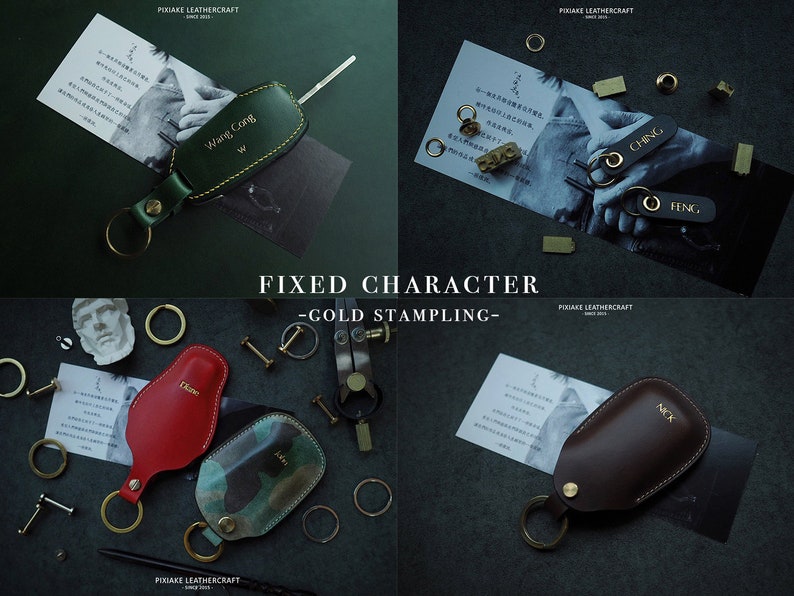 May include: Four different leather keychains with gold lettering. The keychains are green, red, camouflage, and brown. The lettering on the keychains reads "Wang Cong", "Ching", "Nick", and "Feng".