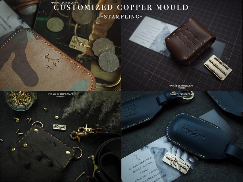 May include: Four different leather goods with custom copper stamping. The items include a camouflage wallet with the name "Kai" stamped on it, a brown leather case with the text "PIXIAKE LEATHERCRAFT" stamped on it, a black leather key chain with the text "Say y" stamped on it, and a blue leather key chain with the text "Tony Syne" stamped on it.