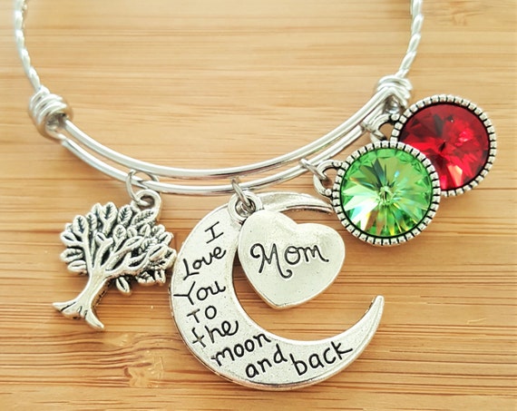 Mom Bracelet with Birthstones Grandma Bracelet with Birthstones Birthstone Bracelet Mom Gift Grandma Gift Tree of Life Bracelet Moon Back