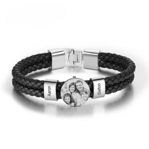 2 to 4 Name Photo Bracelet - Leather Bead Bracelet with Picture - Personalized Leather Rope Bracelet - Custom Engraved Jewelry for Him