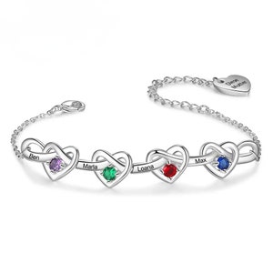 2 to 6 Name Birthstone Bracelet - Engraved Birthstone Bracelet - Heart Bracelet - Personalized Gift for Her - Birthstone Bracelet for Mom