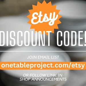 May include: Orange starburst with the word "Etsy" in white text. White text on a blurred background reads "DISCOUNT CODE!" and "JOIN EMAIL LIST onetableproject.com/etsy OR FOLLOW LINK IN SHOP ANNOUNCEMENTS"