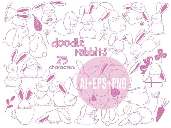 Doodle Rabbits Hand Drawn Outline Clipart 25 Bunny - Etsy