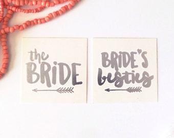 Bachelorette party tattoos - set of 8 - Bride's Besties and The Bride in Silver Metallic Foil perfect for bachelorette, hen party, stagette