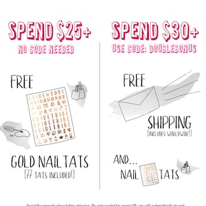 Könnte beinhalten: Gib 25 $ oder mehr aus und erhalte 77 kostenlose goldene Nagelaufkleber. Gib 30 $ oder mehr aus und erhalte kostenlosen Versand weltweit und zusätzliche Nagelaufkleber. Verwende den Code DOUBLEBONUS, um Extras einzulösen.