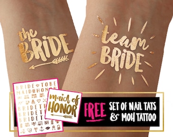 Tatuajes del equipo de novias para despedidas de soltera divertidas, despedidas de soltera, fin de semana de chicas, tatuaje temporal con lámina de oro metalizado