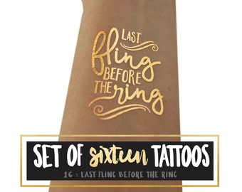 Letztes Fling Before The Ring Junggesellinnenabzeichen Party Tattoos - 16er Set - Gold Flash Tattoos Henne Party Stagette Final Fling Bride Tribe