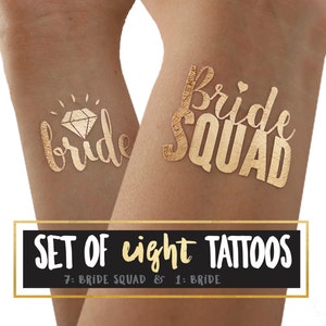 Bride Squad Tattoo Set von 8 Tats für Junggesellinnenparty / 7 plus 1 Braut / Henne Party / Gold Tattoo / temporäres Tattoo Bild 1