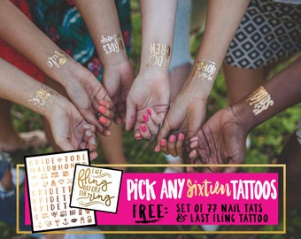 Pick any SIXTEEN 16 Tattoos / Custom set of tattoos / Pick your own tats / Metallic gold tattoos / gold flash tattoo / bachelorette party