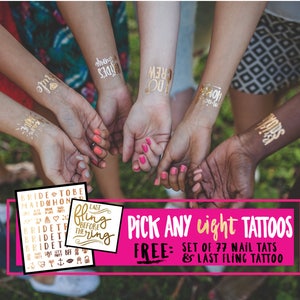 Bachelorette party tattoos - PICK ANY EIGHT (8) Tattoos // Metallic gold tattoos // gold flash tats // hen party tattoos // wedding party