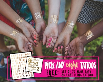 Bachelorette party tattoos - PICK ANY EIGHT (8) Tattoos // Metallic gold tattoos // gold flash tats // hen party tattoos // wedding party