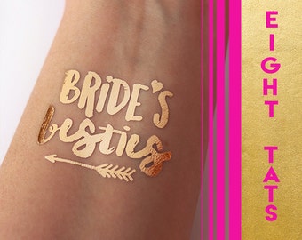 Set of 8 "BRIDE'S BESTIES" metallic gold foil temporary tattoo // bachelorette party set // set of gold tattoos // hens party large set