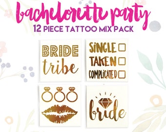 Set of 12 "BRIDE TRIBE" bachelorette party mix pack metallic gold foil temporary tattoo // set of gold tattoos // hens party set