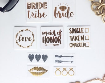 Bride Tribe tattoo set for bachelorette party! Includes 12 tattoos including bride, maid of honor, hearts, arrows, love rings, lips and more