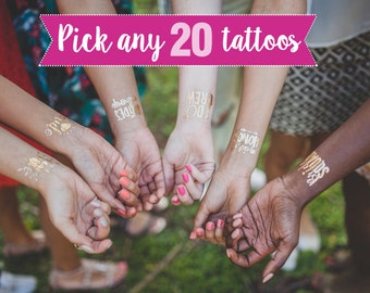 Set of bachelorette party gold tattoos - Pick any TWENTY 20 Tattoos / Hen night / Bachelorette Party / gold temporary tattoos batchelorette