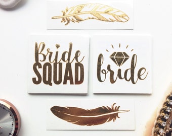 16 pack Bride Squad Tattoos for Bach Parties // Gold Feather tattoos / tats / tatties / temp tattoos /
